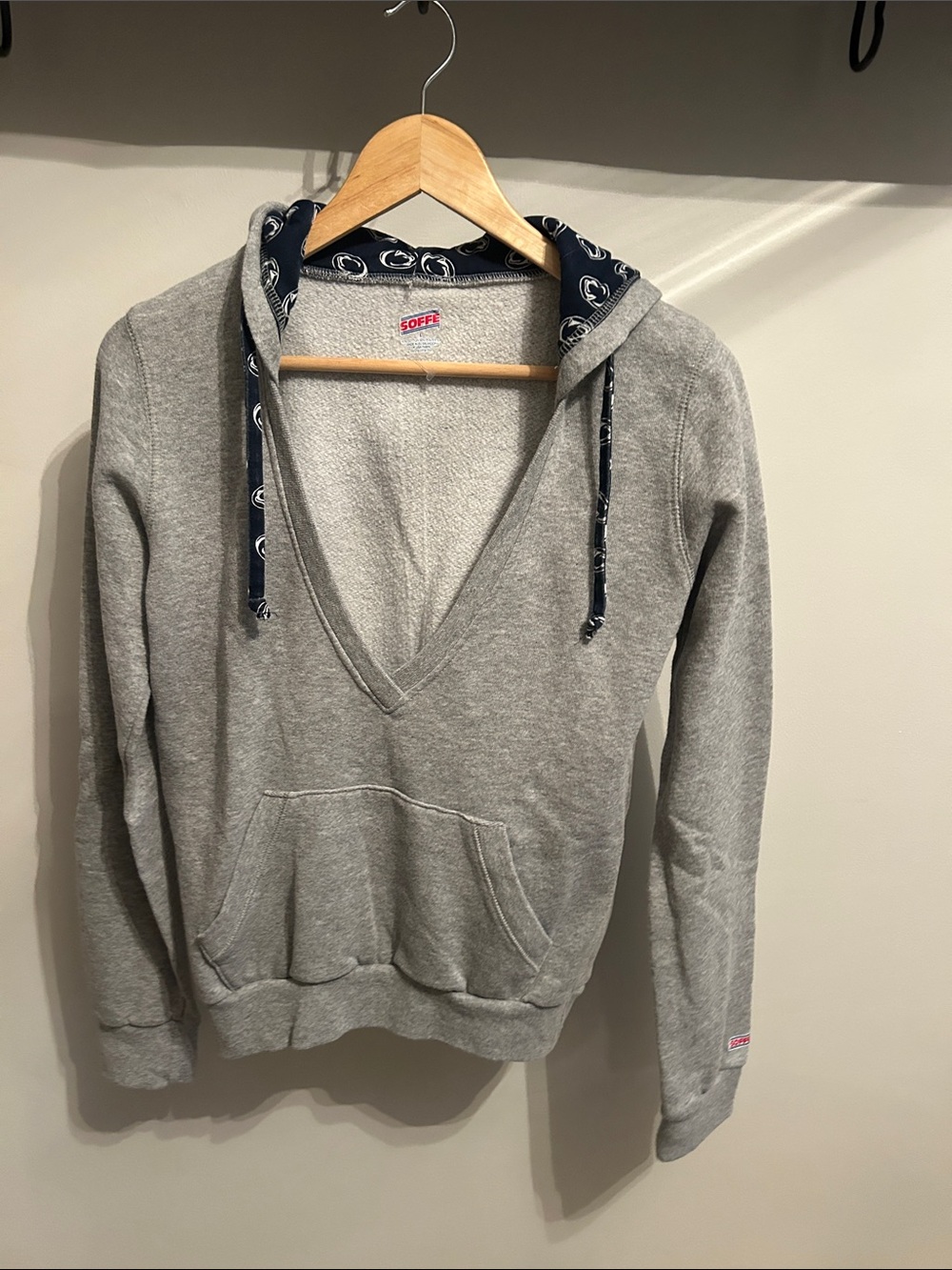 Soffe Light Gray V-Neck Penn State Hoodie with Navy Lined Hood